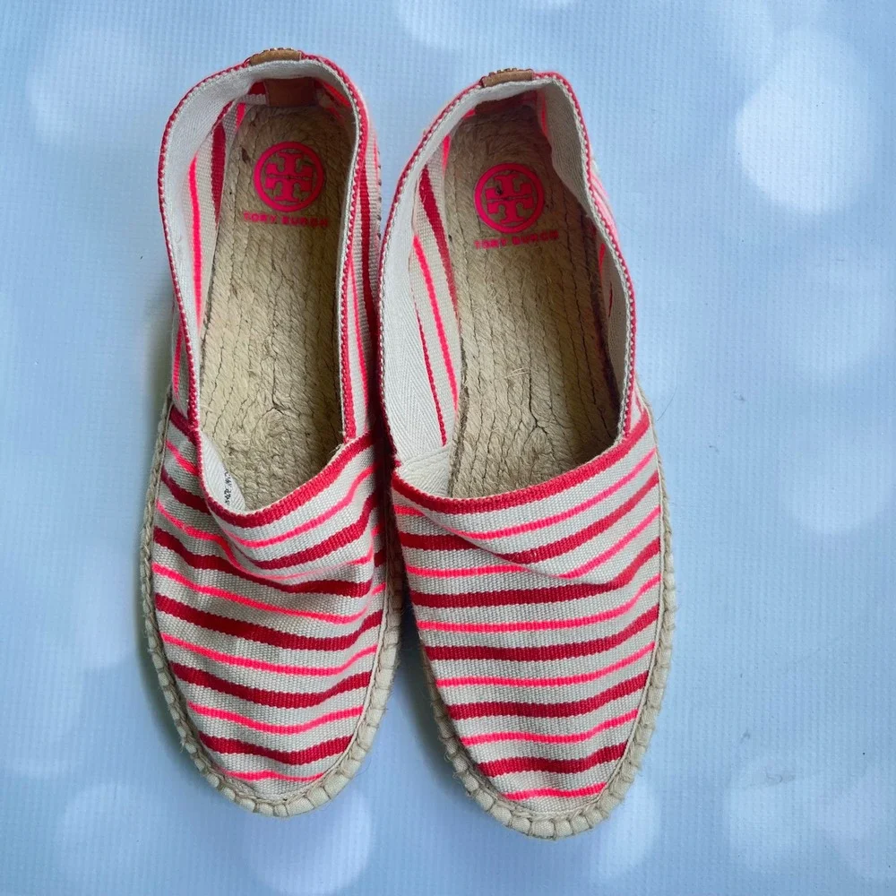 Tory Burch Striped Canvas Espadrille Flats Shoes Womens 10 Nautical Beach $135